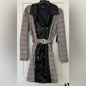 Prince of Wales Plaid Faux Leather Mixed Media Trench Overcoat